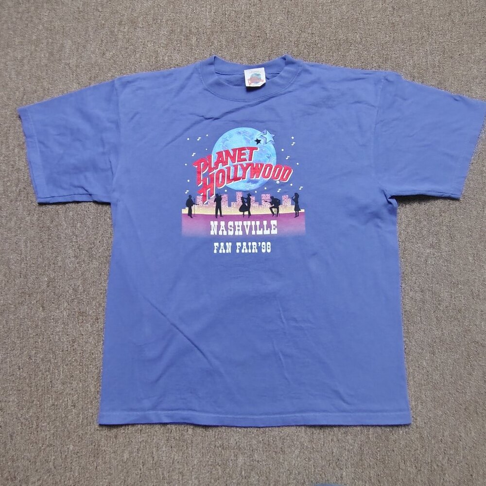 Vintage PLANET HOLLYWOOD T-Shirt Men XL Blue Nashville Fan Fair 1998 Graphic USA